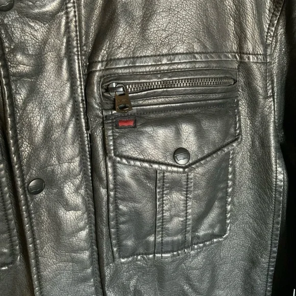 LEVI’S vintage black faux leather trucker motorcycle jacket zippers - Picture 3 of 16